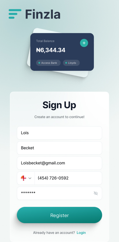 Finzla sign up screen